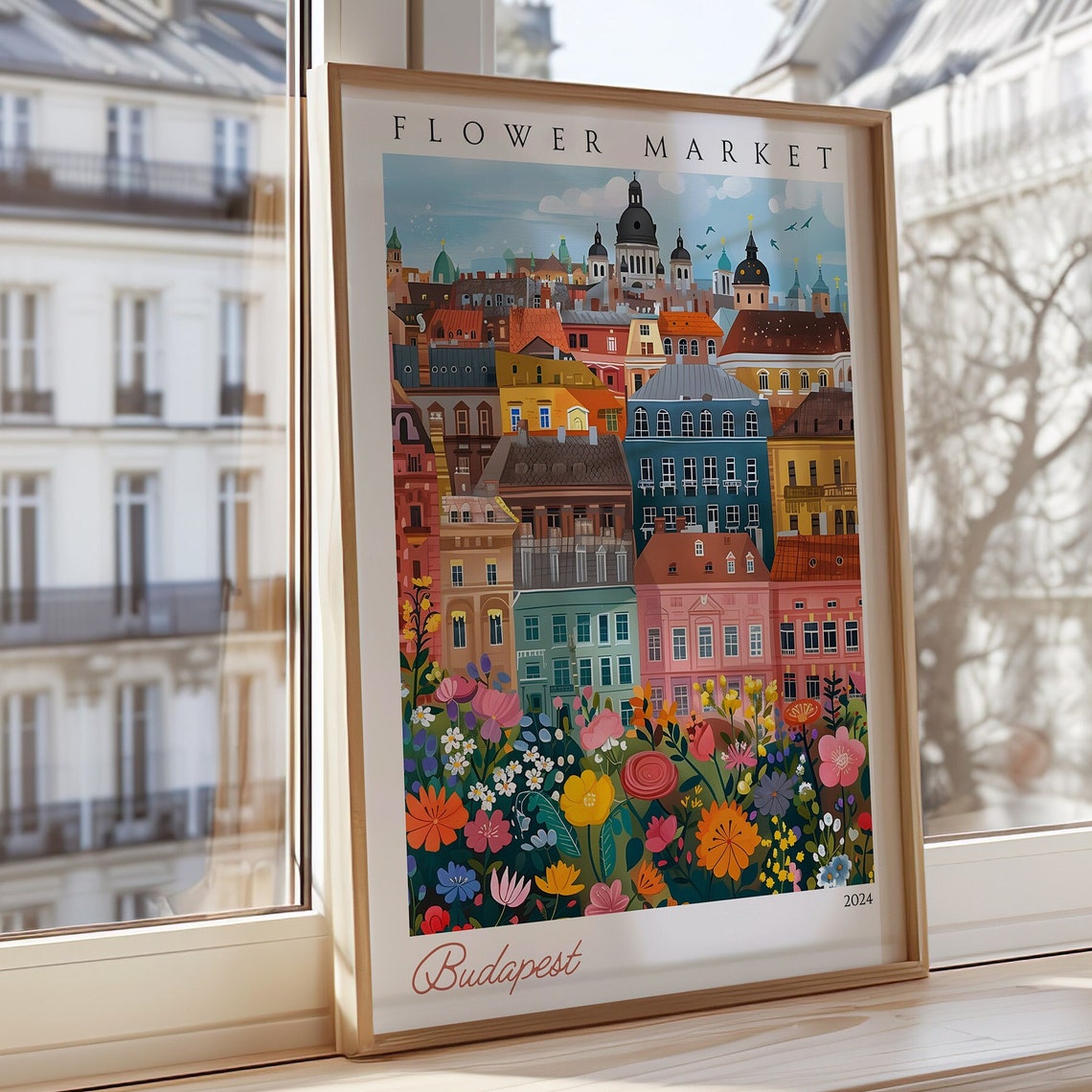 Budapest Flower Market Poster Colorful Rooftops Floral Artwork