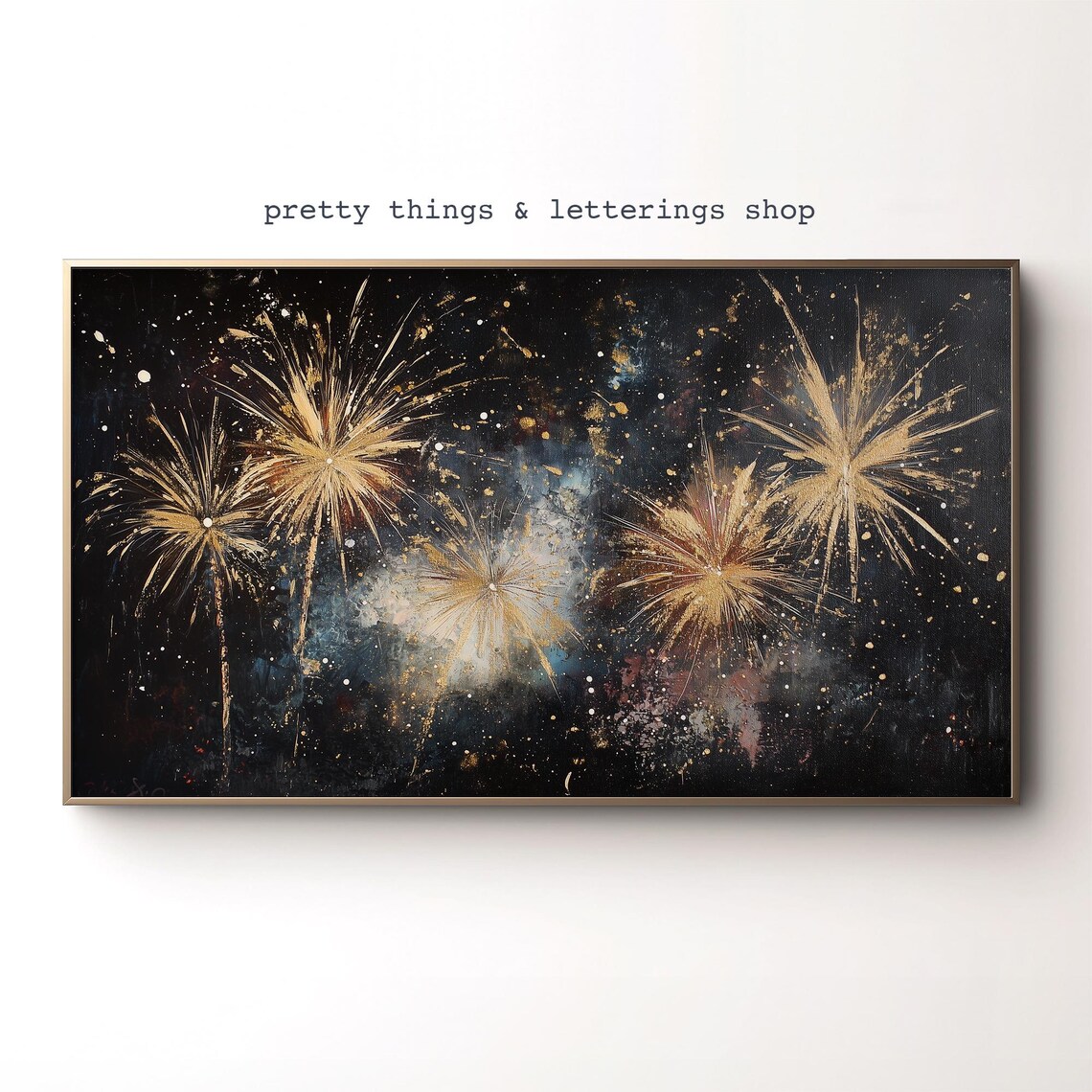 New Year Fireworks Abstract Art Print, Black Gold