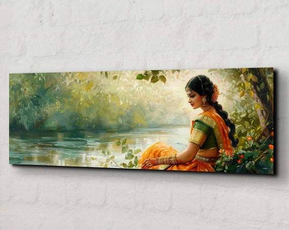 Indian Woman By The River Bank, Wall Art Print