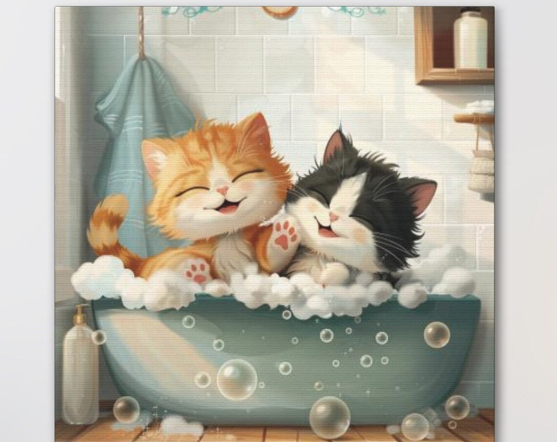 Two Happy Kittens Giggling Together in a Bubble Bath Cartoon Poster