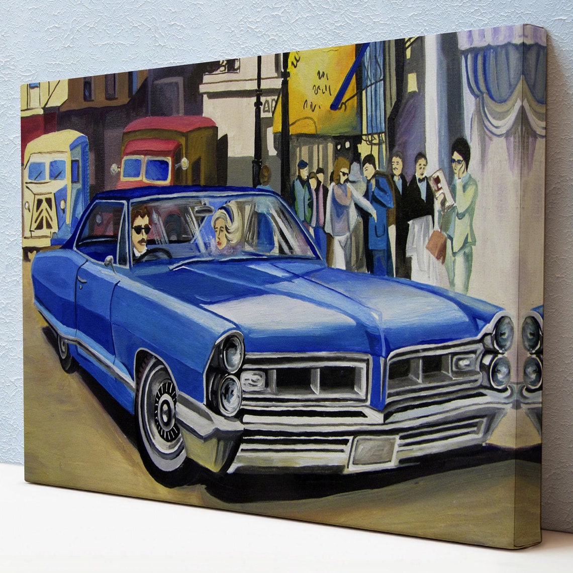 Blue Vintage Classic Car City Street Crowd Retro Urban Scene Poster