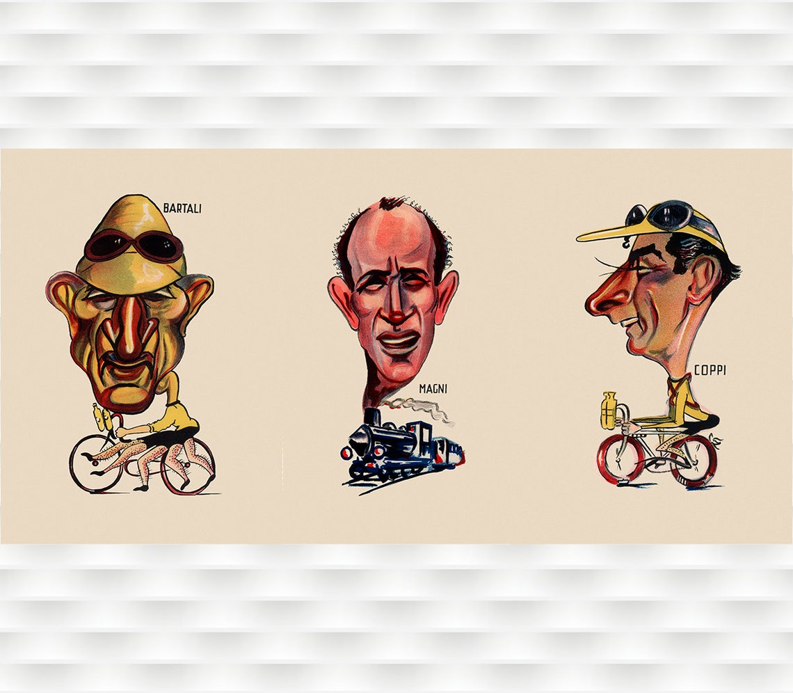 Bartali Magni Coppi Italian Cycling Champions Caricature Art Poster