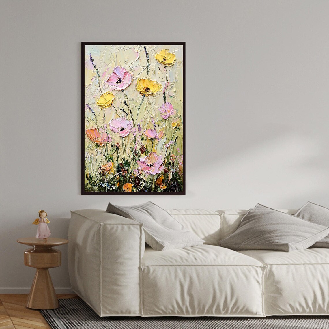Pink Yellow Poppy Wildflowers Rising on Cream Textured Wall Art - Image 2