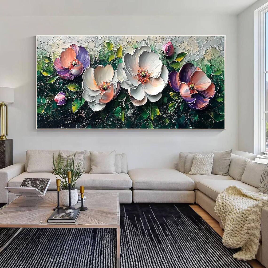 White Pink Purple Blooms Among Dark Green Leaves Floral Wall Art - Image 5