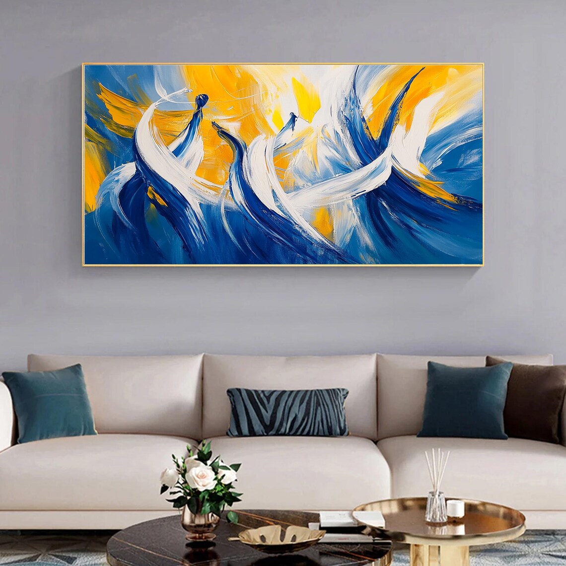 Blue White Gold Swirl Abstract in Dynamic Motion Painting Wall Art - Image 5