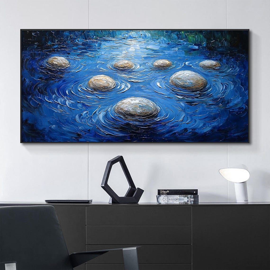 Smooth Round Stones Rising From Swirling Cobalt Blue Sea Poster - Image 3