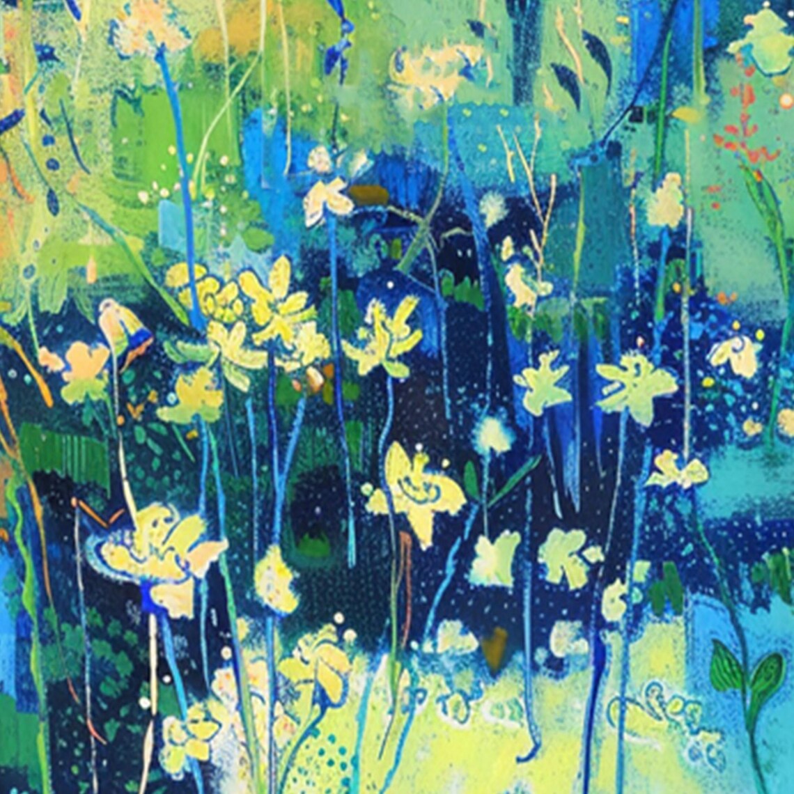 Abstract Vertical Garden With Yellow Wildflowers On Blue Green Poster - Image 3