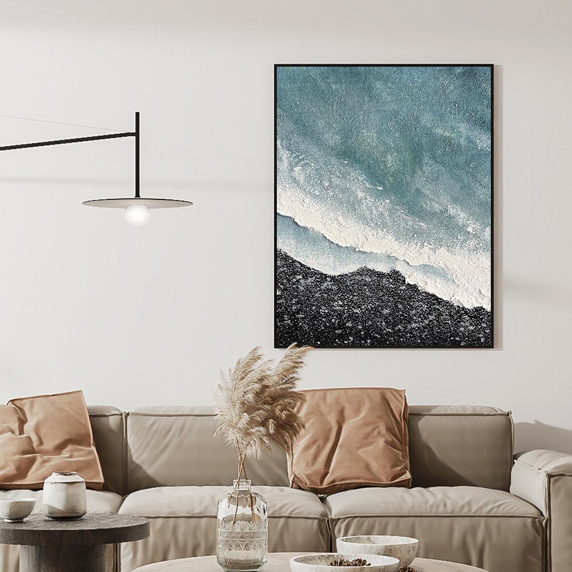 Aerial Beach Foam Waves Breaking on Black Sand Teal Ocean Wall Art - Image 5