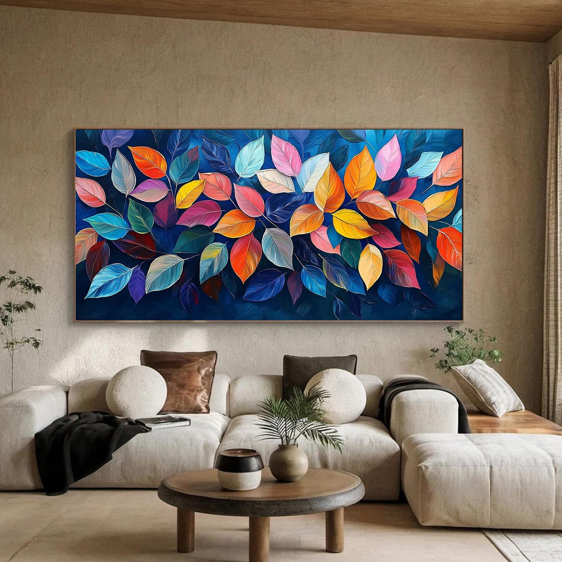 Colorful Autumn Leaves Scattered on Midnight Blue Botanical Wall Art - Image 2