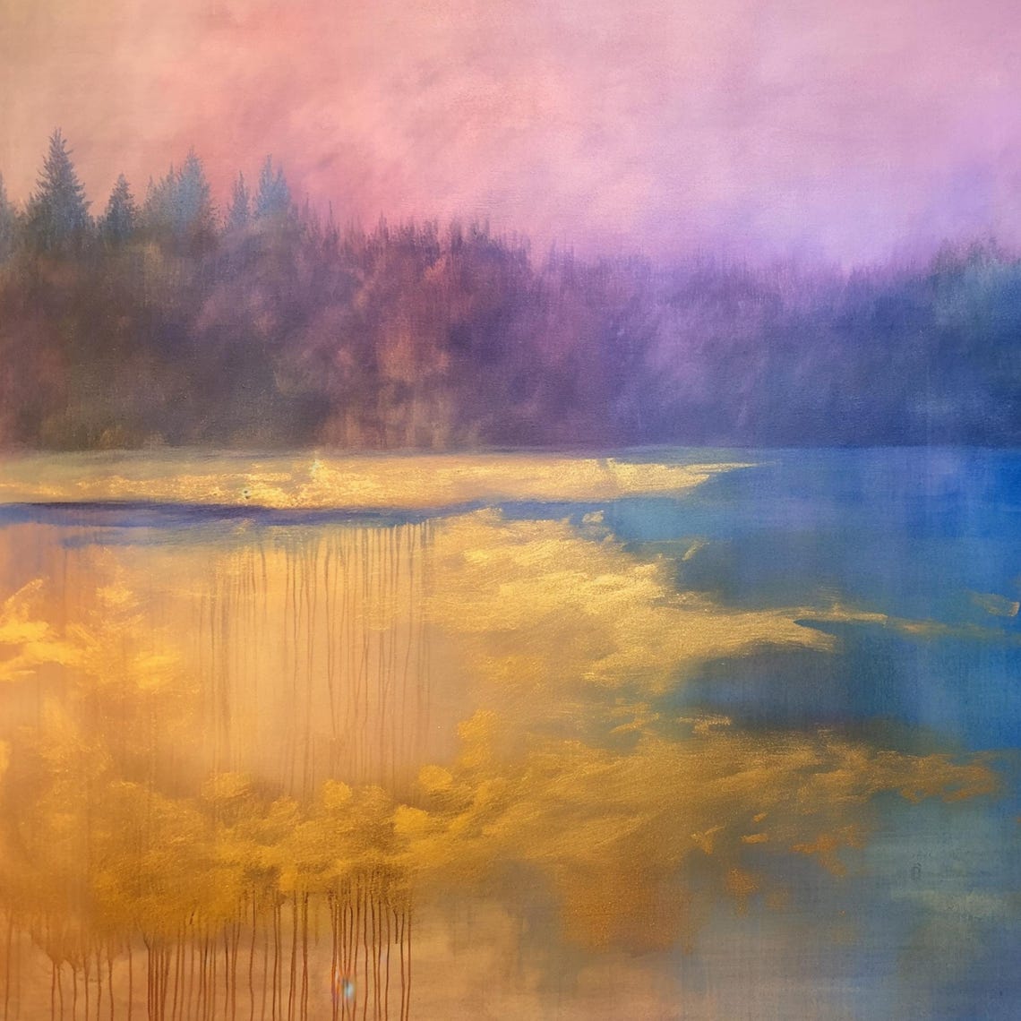 Misty Purple Forest Lake Sunset Golden Reflection Landscape Wall Art - Image 3