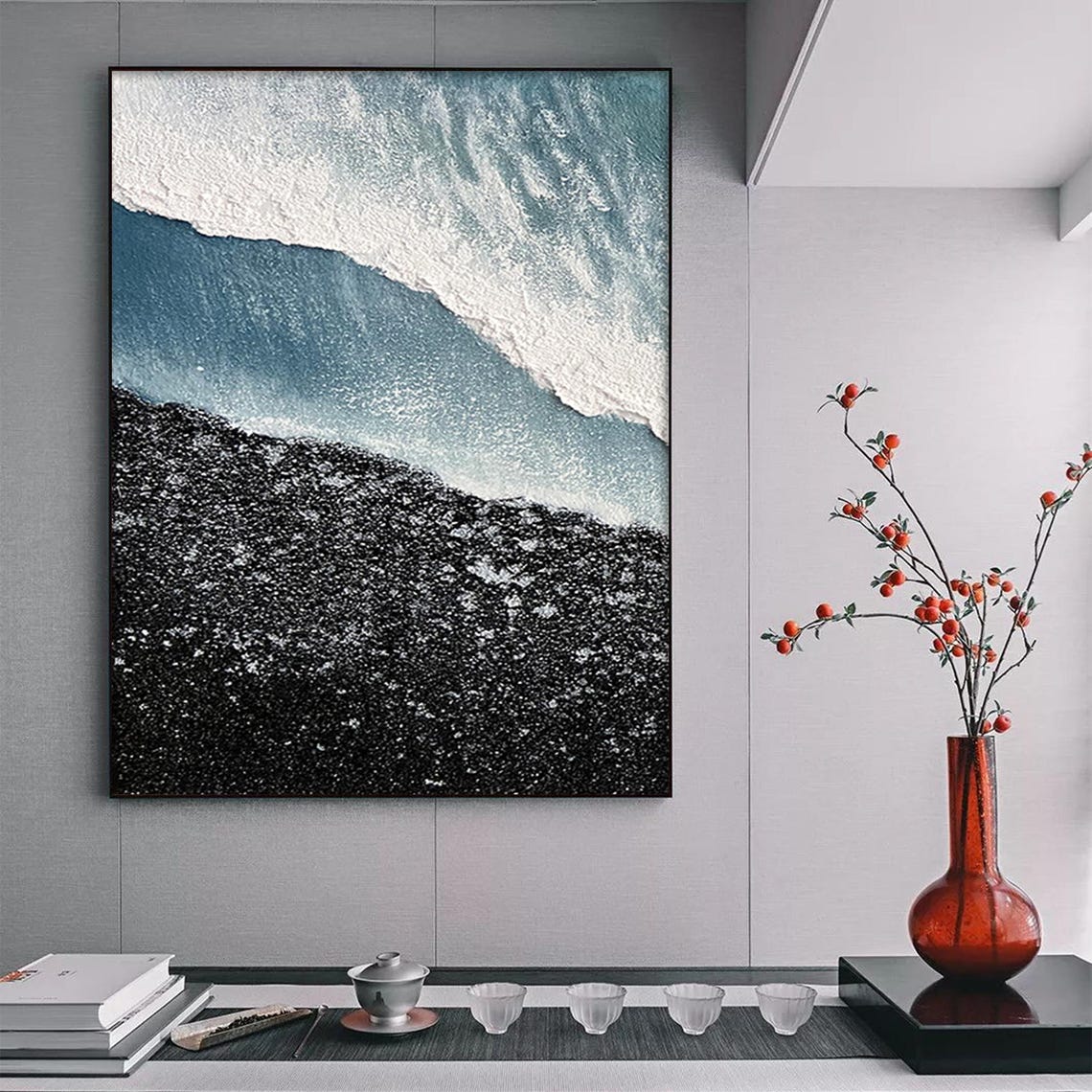 Blue Ocean Wave Foam Aerial View on Black Pebble Beach Poster - Image 3
