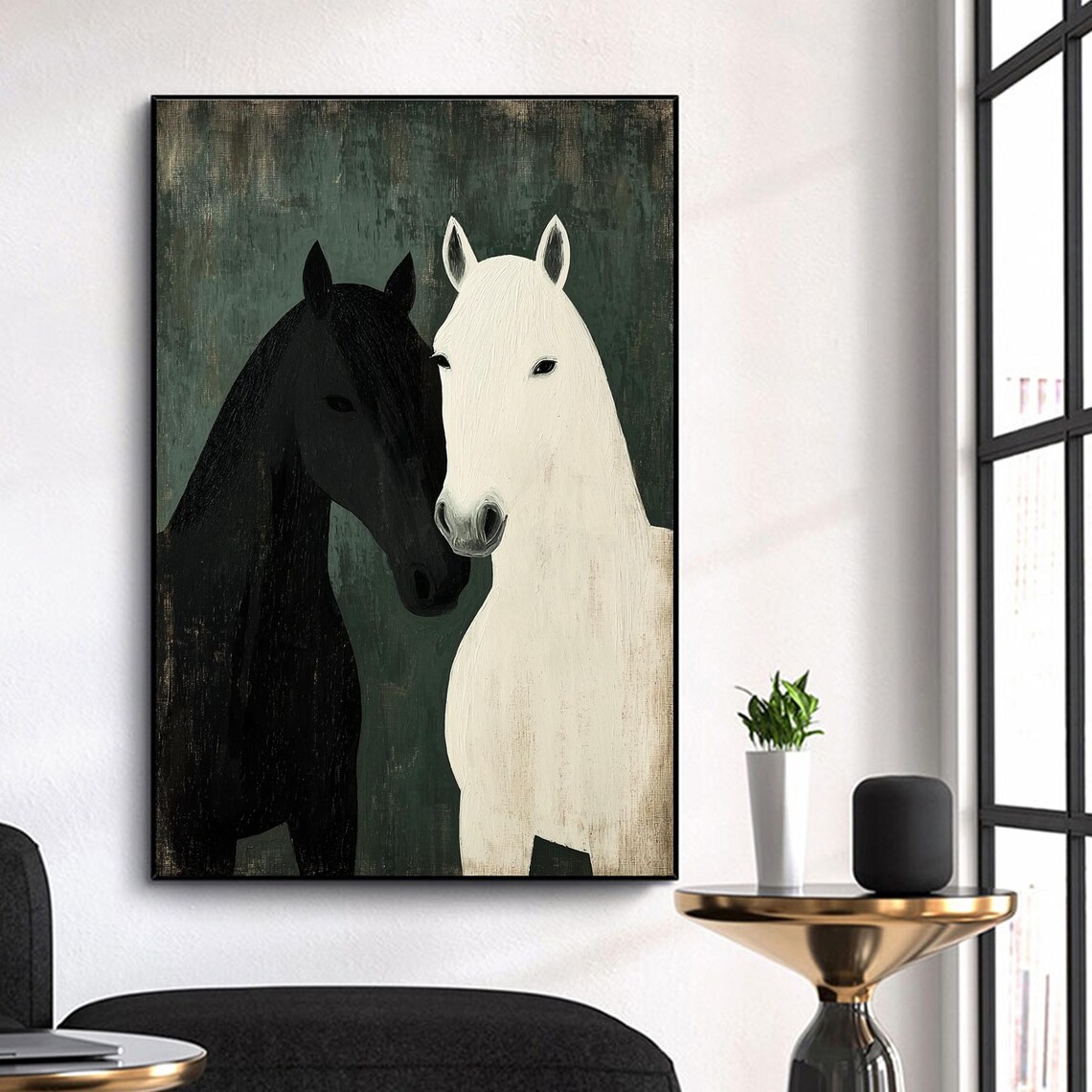 Black and White Horses Minimalist Animal Oil Painting Poster - Image 5