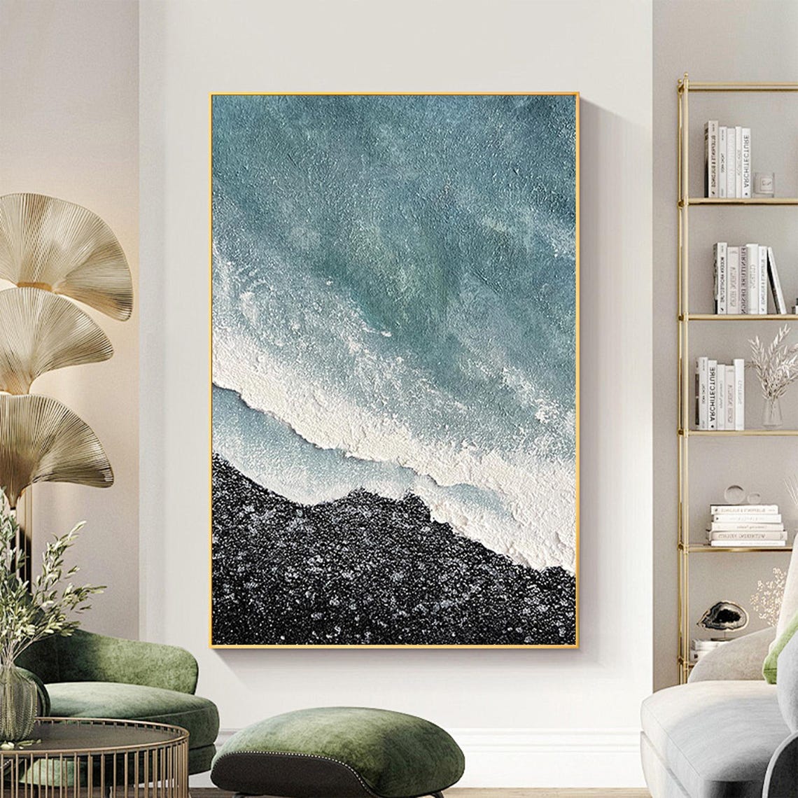 Aerial Beach Foam Waves Breaking on Black Sand Teal Ocean Wall Art