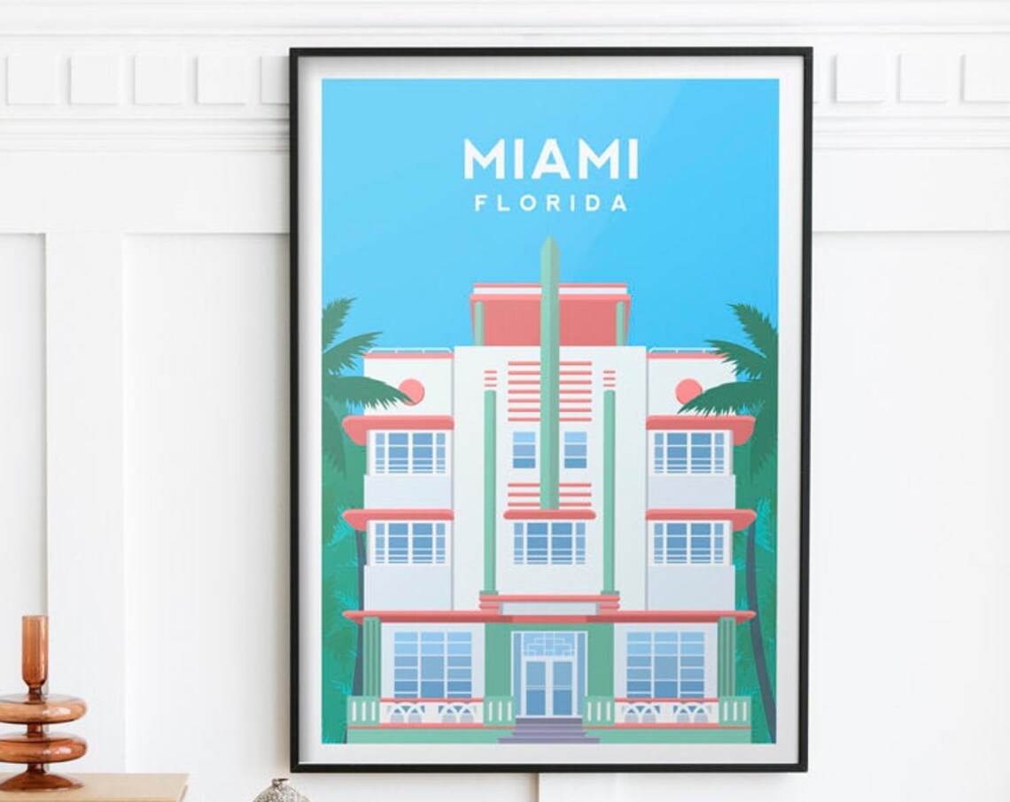 Miami Florida Art Deco Hotel Pastel Architecture Travel Poster - Image 2