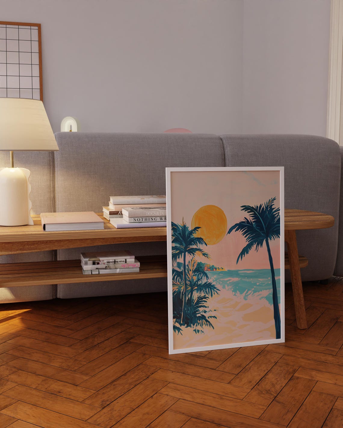 Tropical Sunset Painting Big Orange Sun Palm Trees Beach Poster - Image 5