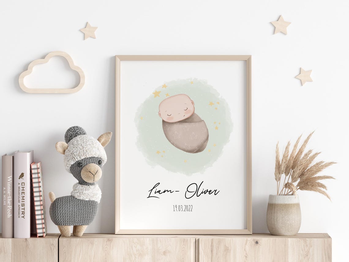 Sleeping Baby Watercolor Memorial Keepsake Name Date Art Poster