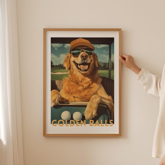 Funny Golden Retriever Poster Funky Golf Lover Wall Art For Bathroom Or Man Cave Vintage Dog Print Hobby Women Gifts