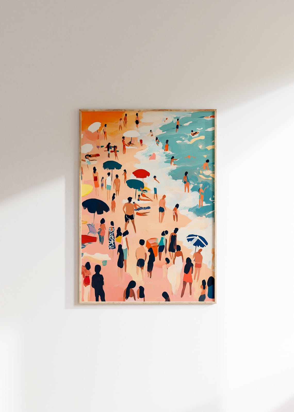 Crowded Beach Painting Colorful Swimmers Umbrellas Summer Poster - Image 4