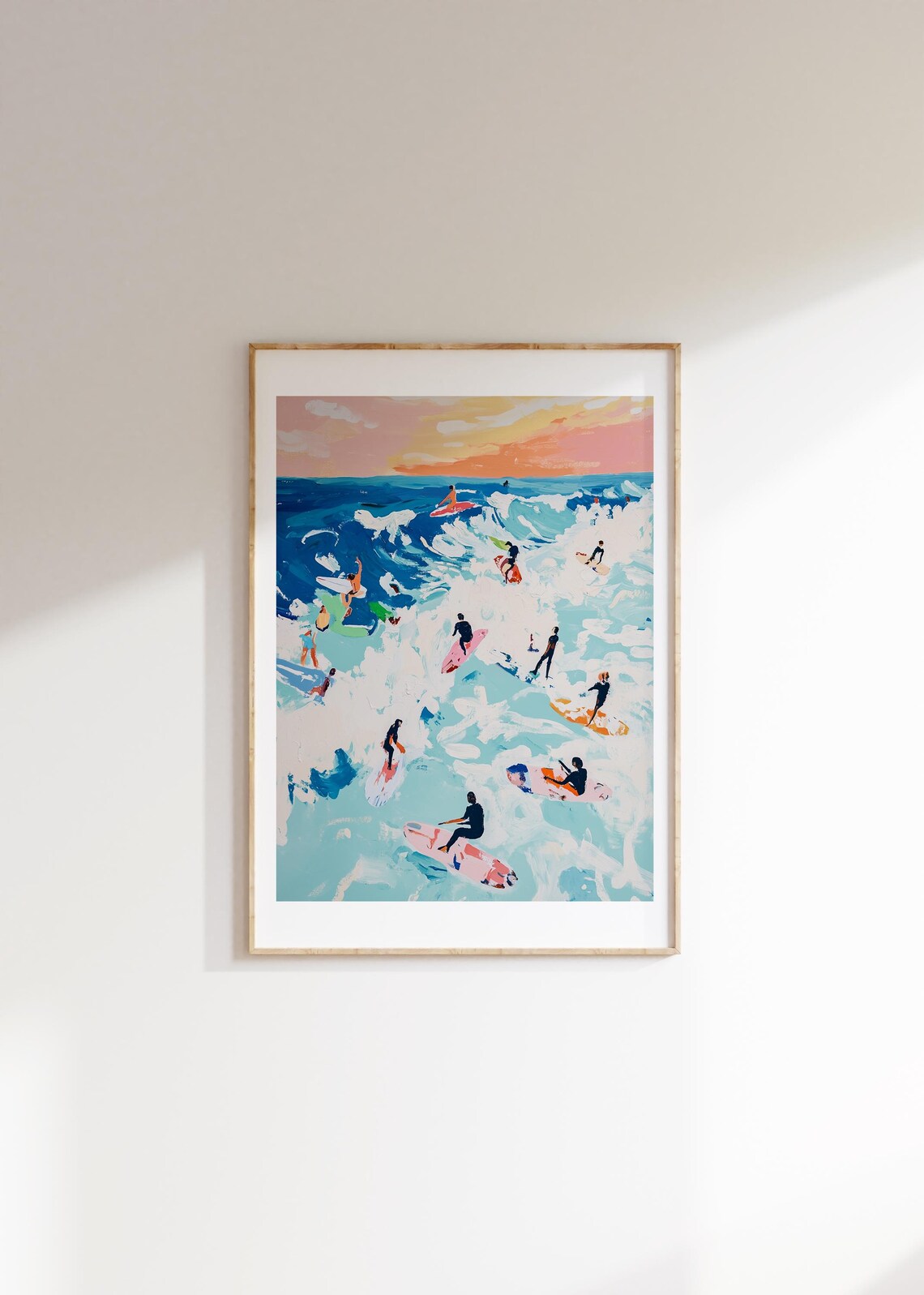 Surfers at Sunset Aerial Blue Orange Waves Watercolor Poster - Image 4