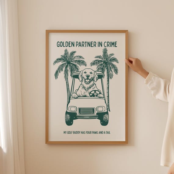 Funky Golden Retriever Poster Golf Lover Wall Art For Funny Bathroom Or Man Cave Decor Vintage Dog Print Hobby Women Gifts