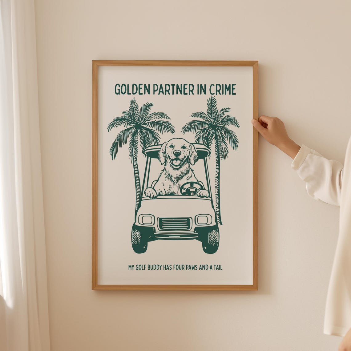 Golden Partner in Crime Golf Cart Golden Retriever Dog Poster