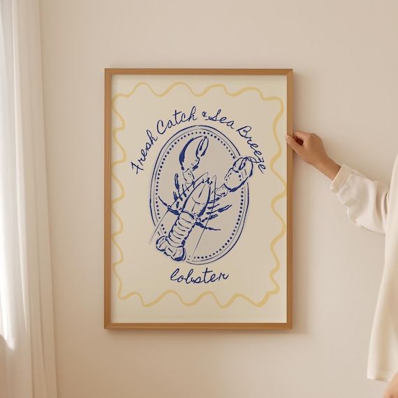 Yellow Lobster Fisherman Wall Art Italian Oyster Lover Print For Dopamine Kitchen Decor Trendy Sardine Coastal Poster