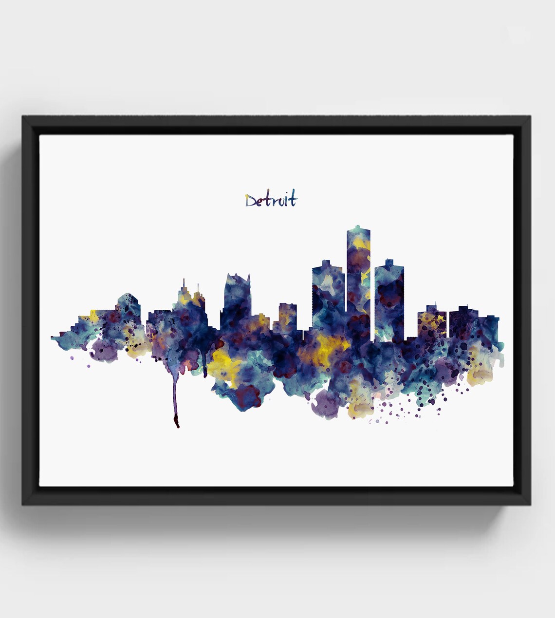 Detroit Skyline Watercolor Vibrant Michigan City Silhouette