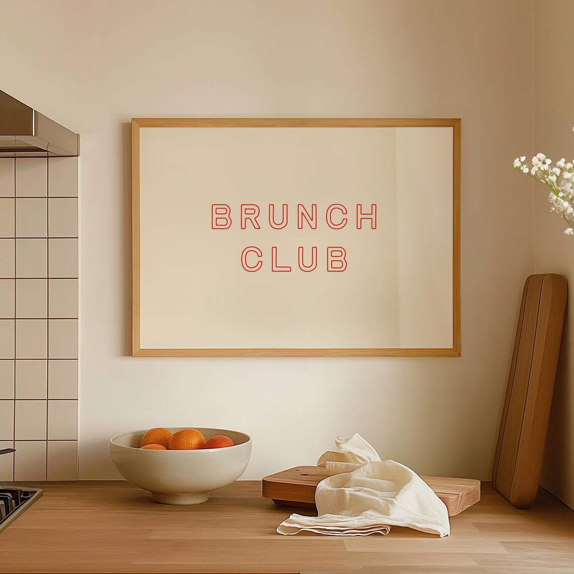 Brunch Club Red Outline Lettering Cream Minimalist Kitchen Poster