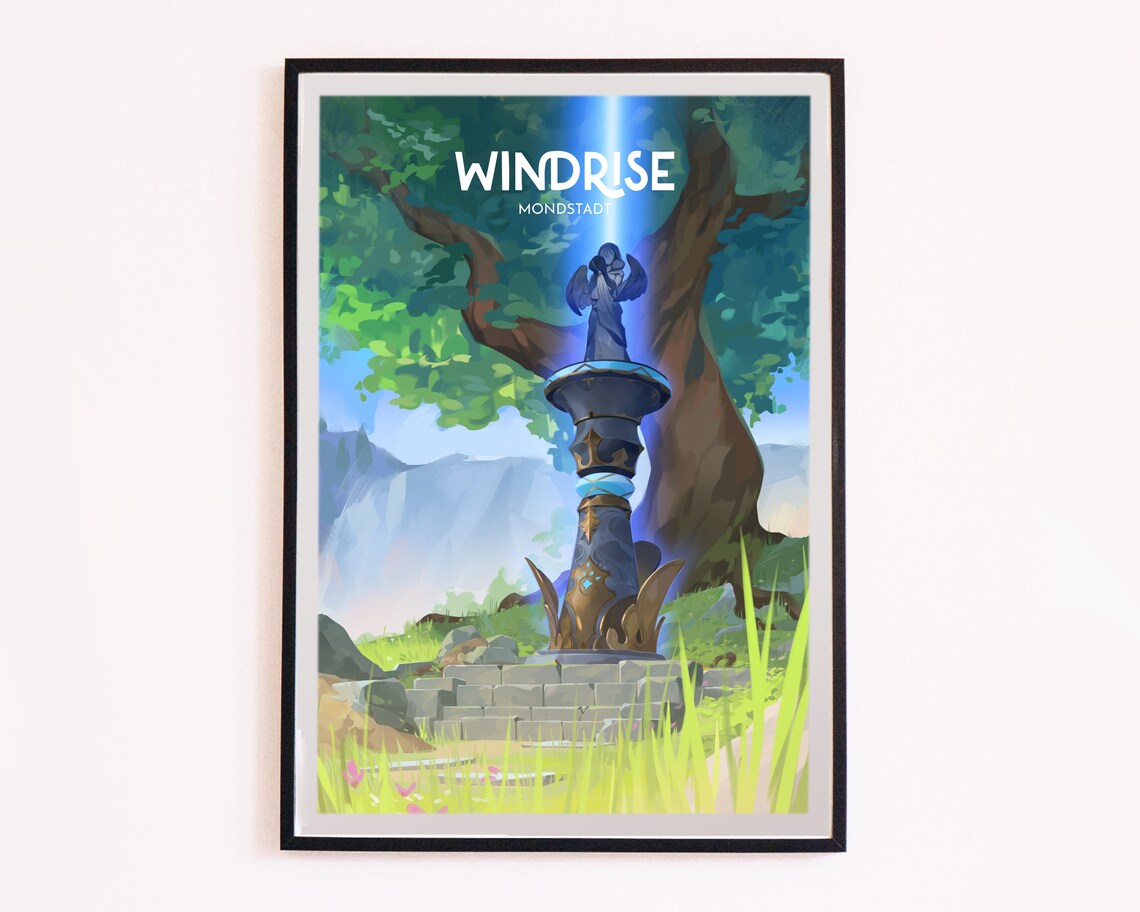 Windrise Mondstadt Genshin Impact Statue Anime Travel Poster