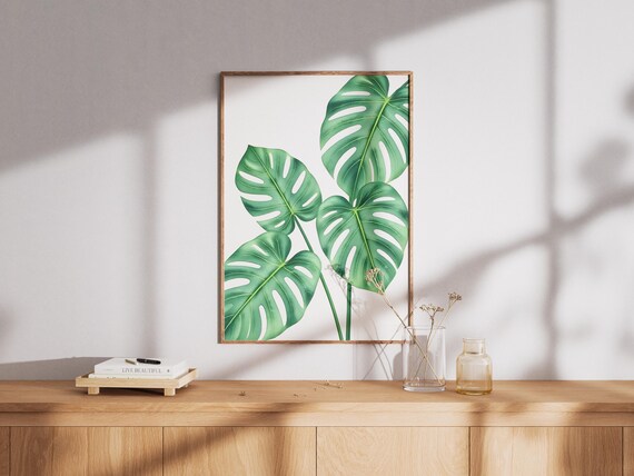 Watercolor Monstera Leaf Print Tropical Green Wall Art