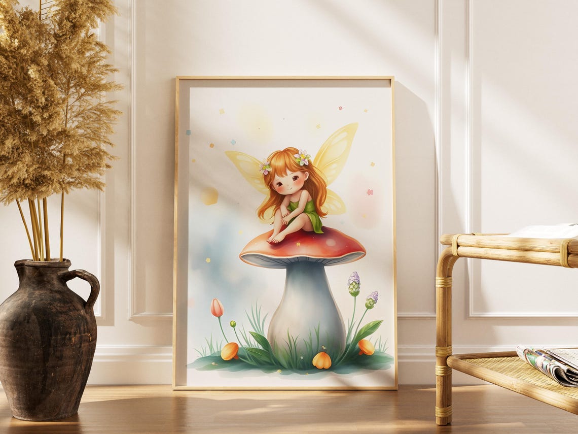 Fairy Girl Mushroom Print Whimsical Nursery Art