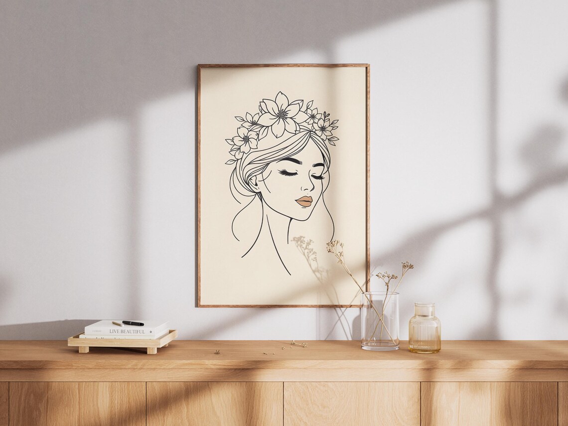 Woman Line Art Portrait With Floral Crown Minimalist Decor Poster