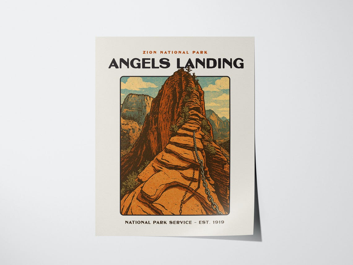 Angels Landing Zion National Park Red Rock Trail Vintage Poster