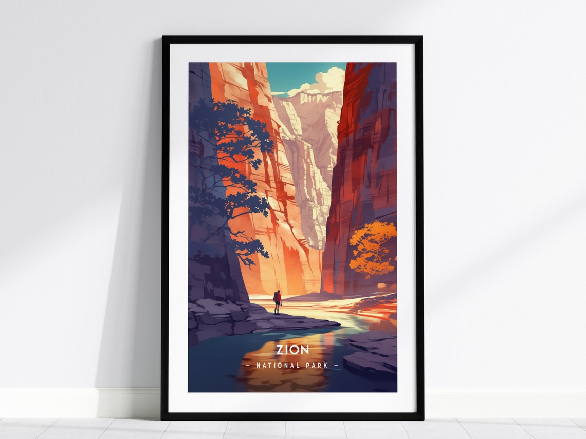 Zion National Park Travel Poster Canyon Hiker River Sunset Wall Decor