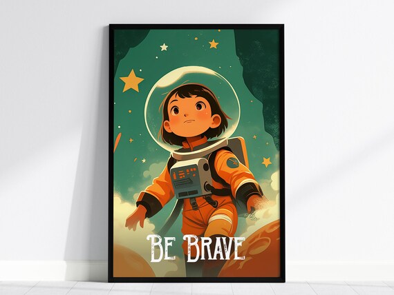 Be Brave Little Astronaut Girl Retro Outer Space Nursery Wall Art