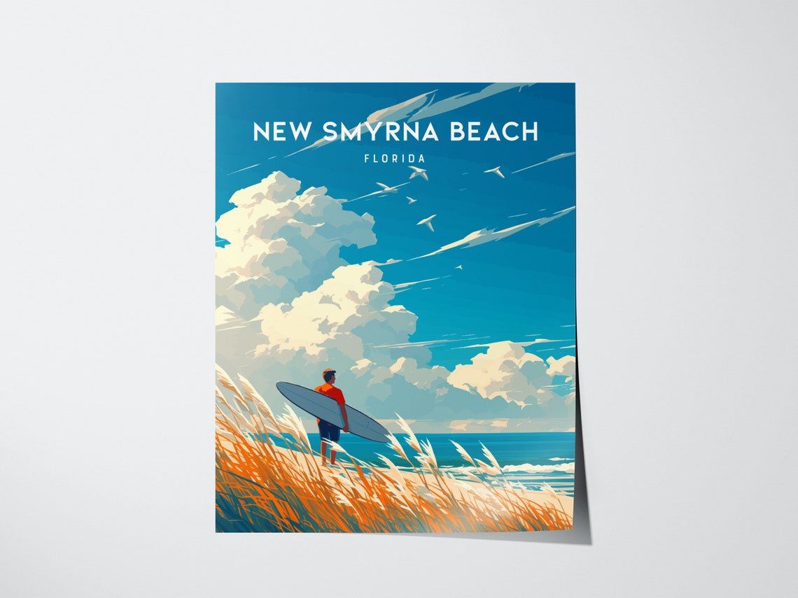 New Smyrna Beach Florida Surfer Waves Retro Coastal Travel Poster