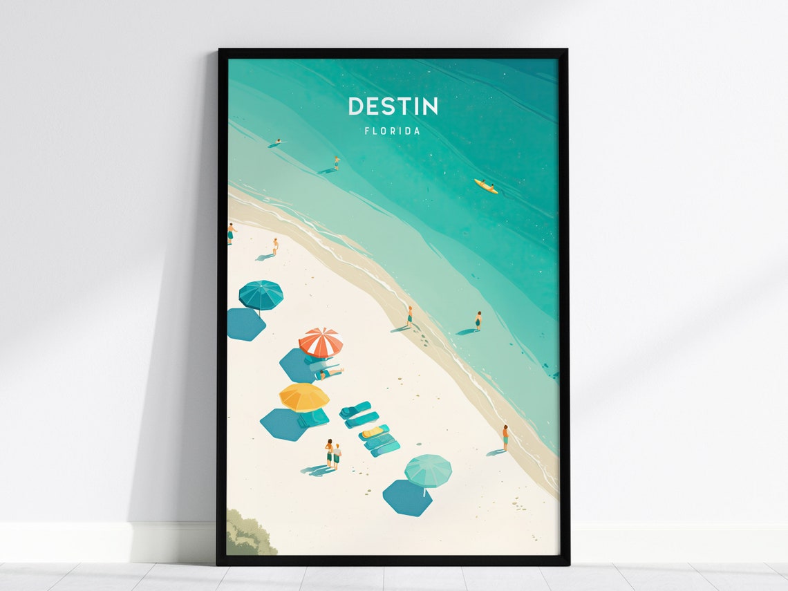 Destin Florida Turquoise Aerial Beach Umbrellas Travel Poster