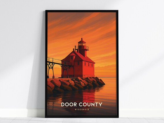 Door County Wisconsin Red Lighthouse Sunset Water Reflection Poster