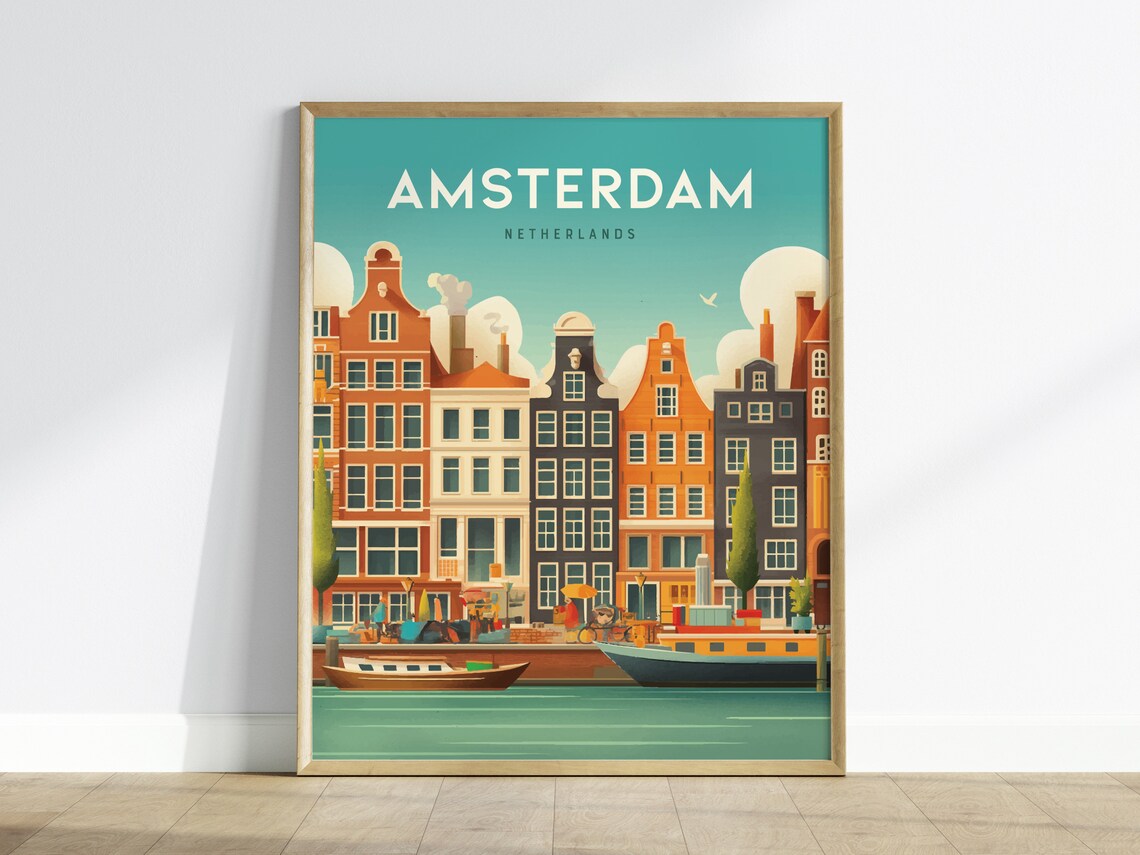 Amsterdam Canal Travel Poster, Netherlands Art Print