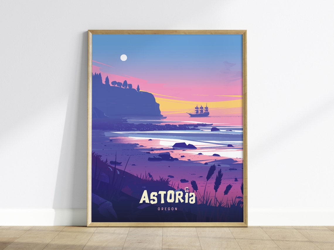 Astoria Oregon Pink Sunset Coast Tall Ship Vintage Travel Poster