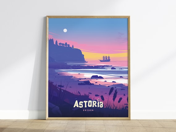 Astoria Oregon Pink Sunset Coast Tall Ship Vintage Travel Poster