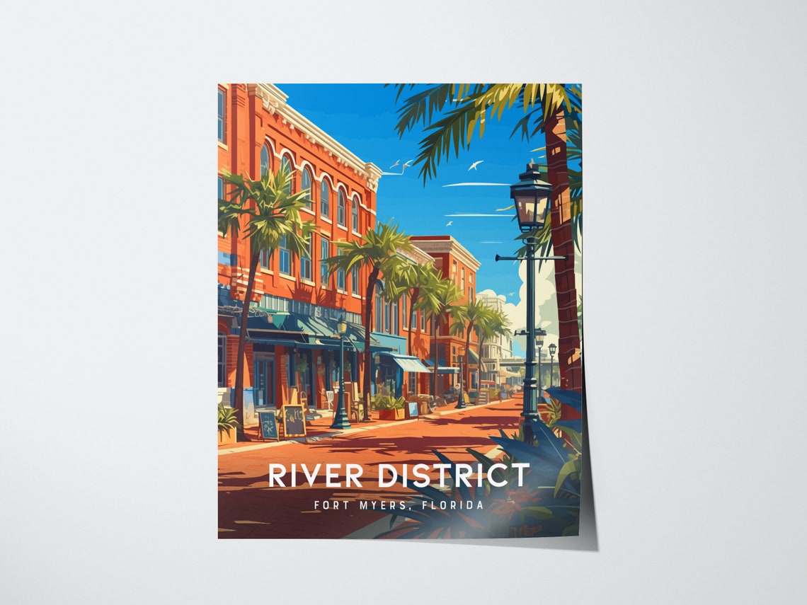 Fort Myers Florida River District Brick Street Palms Travel Poster