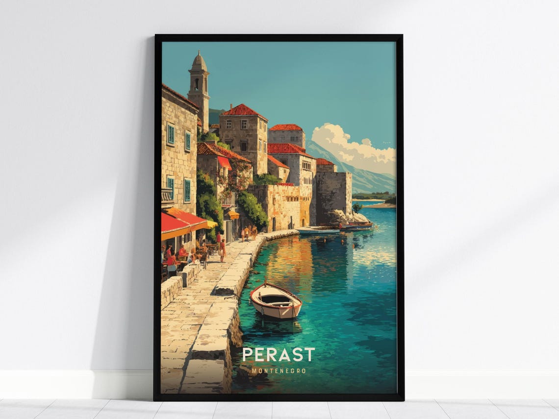 Perast Montenegro Historic Waterfront Bay and Old Town Travel Poster