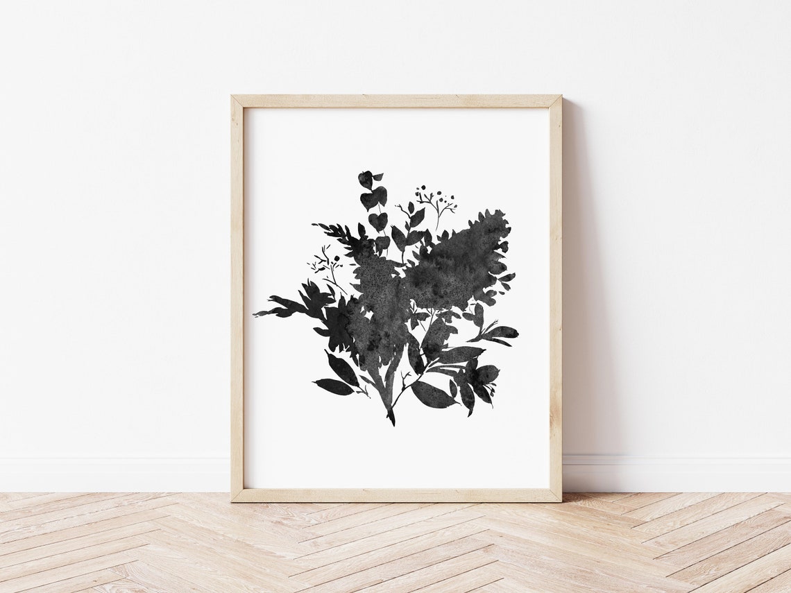 Black Ink Watercolor Floral Bouquet Silhouette Minimal Art Poster - Image 3