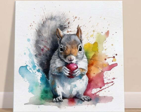 Gray Squirrel Holding Red Apple Watercolor Splash Animal Poster