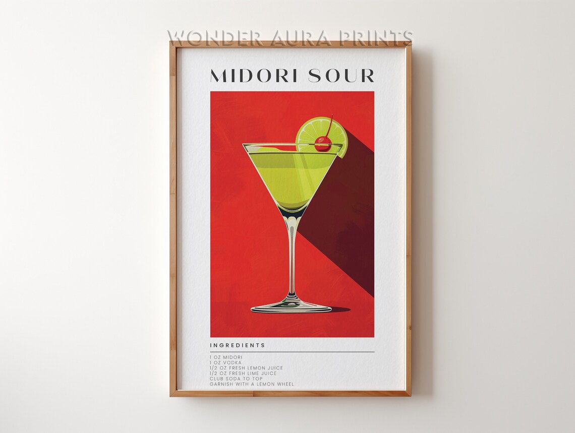 Midori Sour Cocktail Recipe Illustration with Lime Cherry Garnish Poster