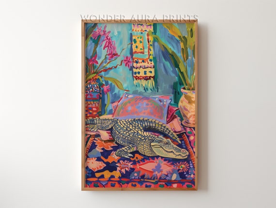 Preppy Crocodile On Pink Carpet Print Maximalist Wall Decor Dopamine Jungle Wonder Aura Prints