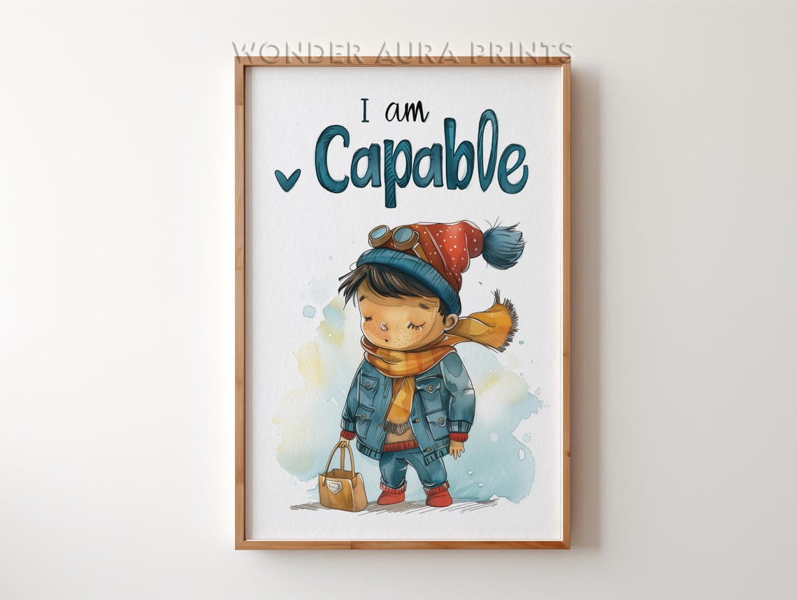 I Am Capable Watercolor Boy Winter Hat Kids Affirmation Poster