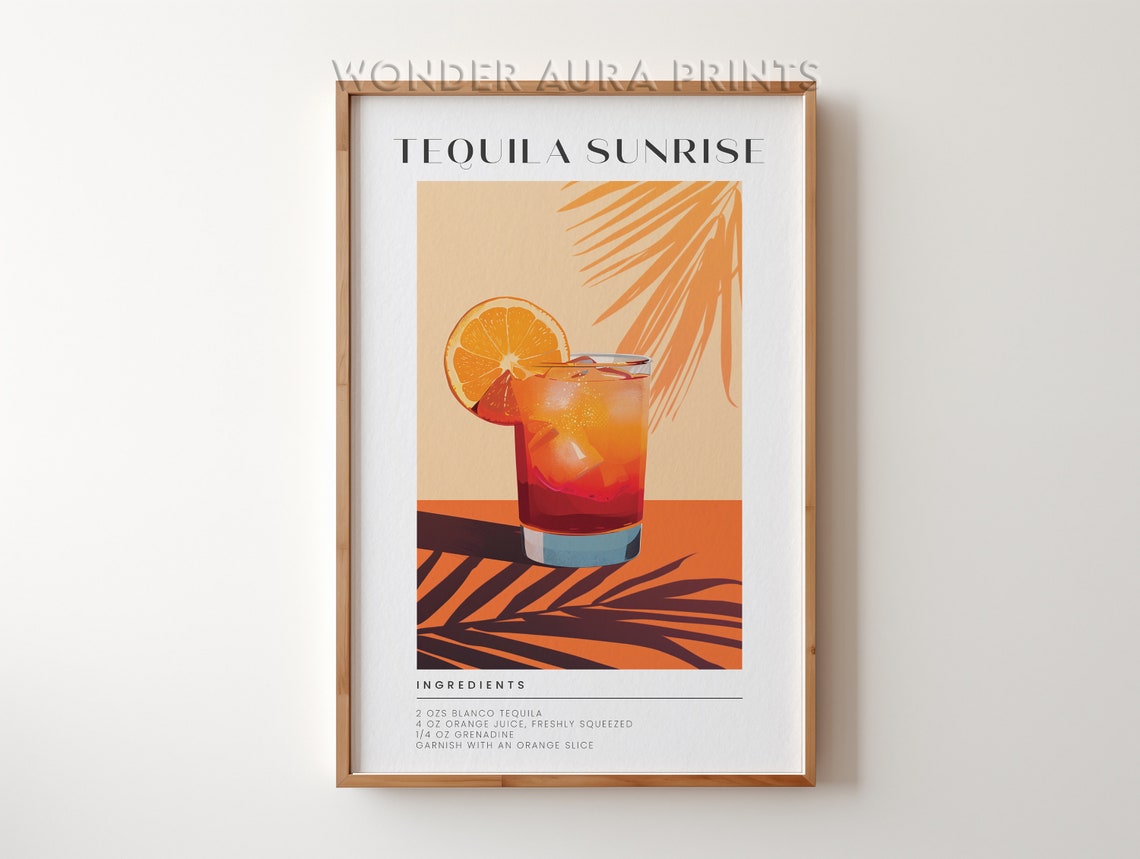Tequila Sunrise Cocktail Recipe Retro Bar Cart Drink Poster Decor