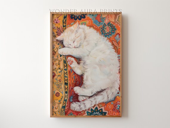Sleeping White Cat Curled Up on Ornate Patterned Rug Art Print